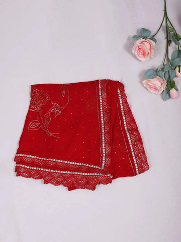 Red Organza Saree with Floral Prints on the Body and Embroidered Border Paired with Designer Blouse - Diadem