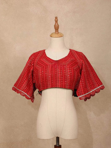 Red Organza Saree with Floral Prints on the Body and Embroidered Border Paired with Designer Blouse - Diadem