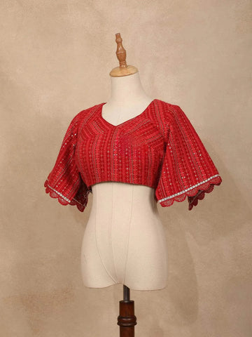 Red Organza Saree with Floral Prints on the Body and Embroidered Border Paired with Designer Blouse - Diadem