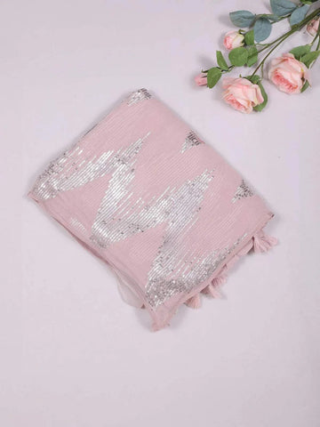 Light Peach Organza Saree with Sequins Designs on the body and Embroidery Border - Diadem