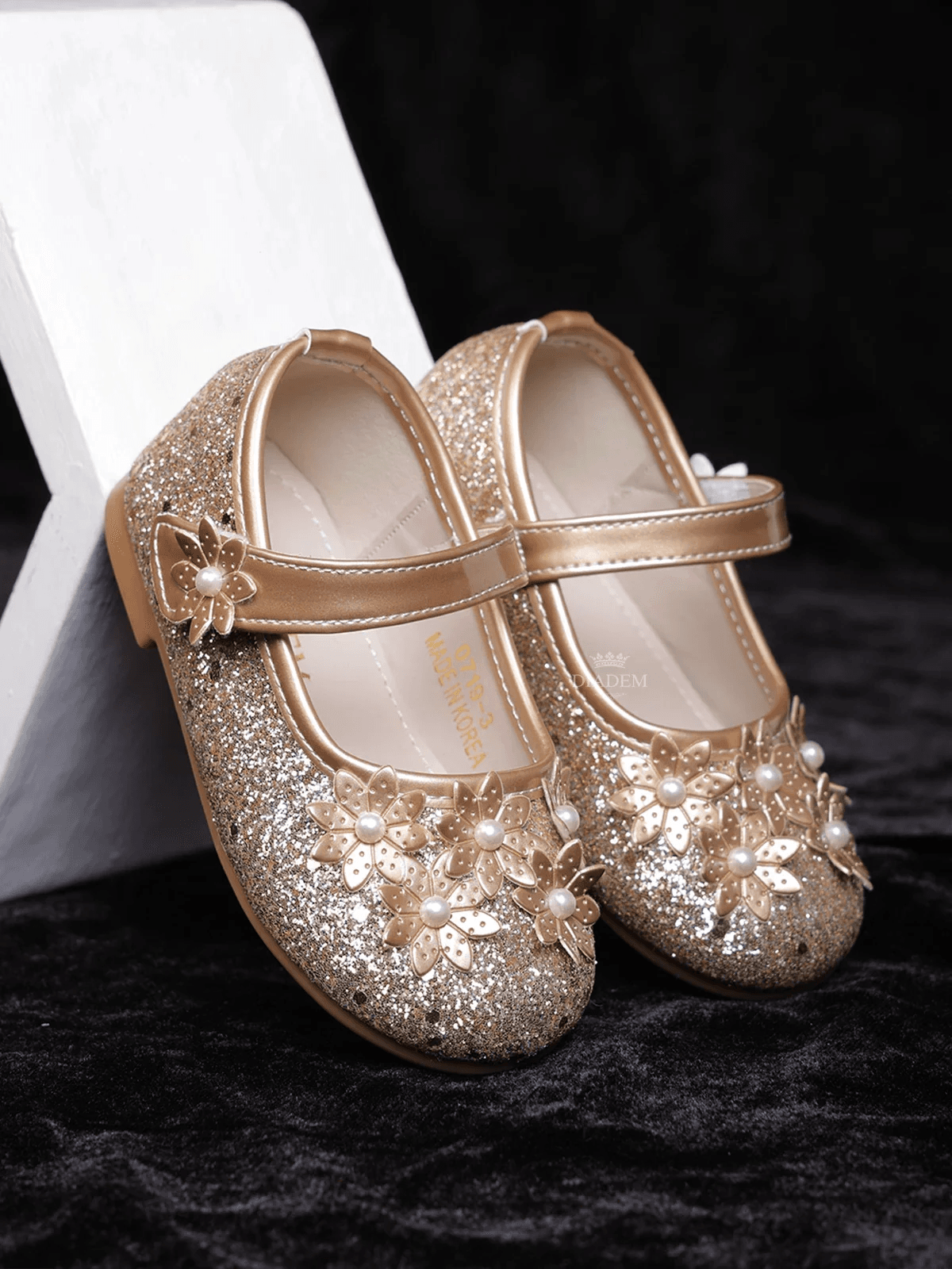 Gold Glitter Ballerinas with Attached 3D Flowers for Girls - Diadem