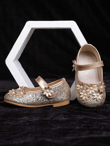 Gold Glitter Ballerinas with Attached 3D Flowers for Girls - Diadem