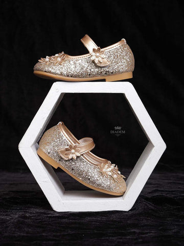 Gold Glitter Ballerinas with Attached 3D Flowers for Girls - Diadem