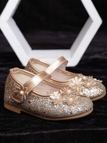 Gold Glitter Ballerinas with Attached 3D Flowers for Girls - Diadem