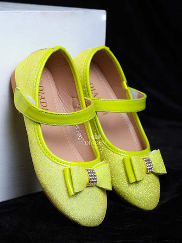 Lemon Green Glitter Ballerinas with attached Bow for Girls - Diadem