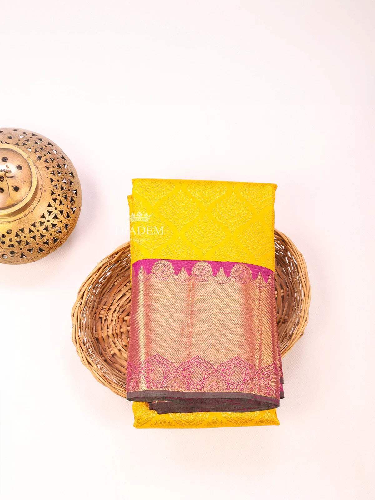 Mustard Yellow Pure Kanchipuram Bridal Silk Saree with Zari Brocade on the body and Contrast Zari Border - Diadem