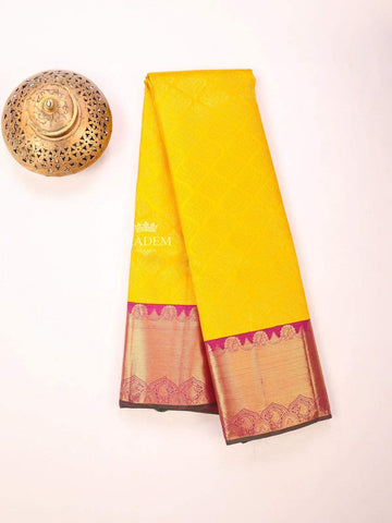 Mustard Yellow Pure Kanchipuram Bridal Silk Saree with Zari Brocade on the body and Contrast Zari Border - Diadem