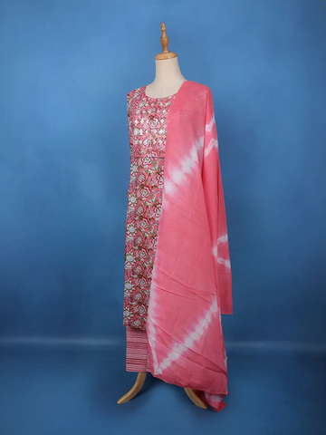 Pink Floral Printed Cotton Straight Cut Salwar Suit - Diadem