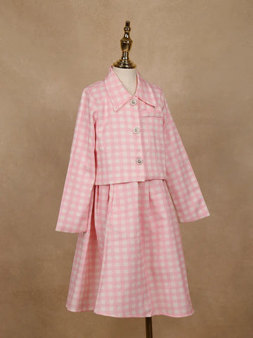 White and Pink Checkered Cotton Blend Skirt and Top Set - Diadem