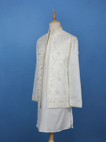 White Floral Embroidered Polyester Sherwani Suit - Diadem