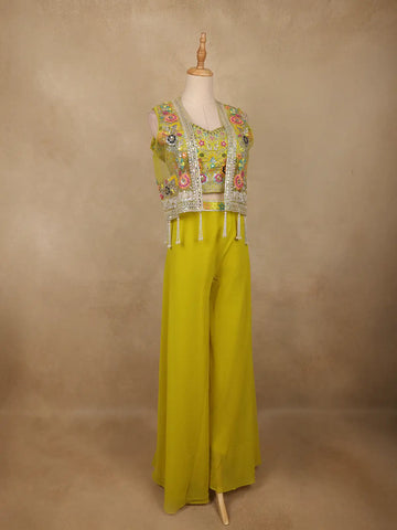 Lime Yellow Floral Sequins Embroidery Palazzo Suit - Diadem