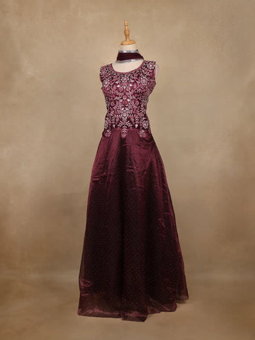 Maroon Floral Embroidered Organza Gown - Diadem