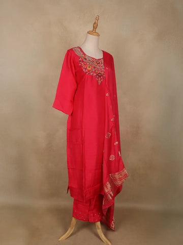 Bright Red Floral Embroidered Silk Cotton Salwar Suit - Diadem