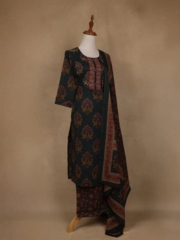 Green Floral Design Printed Cotton Salwar Suit - Diadem