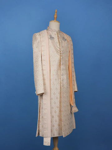 Ivory Floral Embroidered Polyester Sherwani Suit with Dupatta - Diadem
