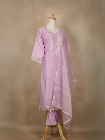 Lavender Floral Embroidered Silk Cotton Salwar Suit - Diadem