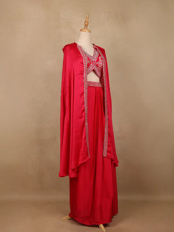 Vibrant Red Sequin Embellished Georgette Crop Top with Draped Skirt - Diadem