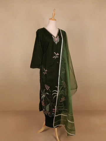 Green Floral Designed Velvet Co Ord Salwar Suit - Diadem
