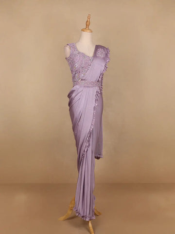 Lavender Embroidery Lyrca Ready To Wear Saree with Designer Blouse - Diadem