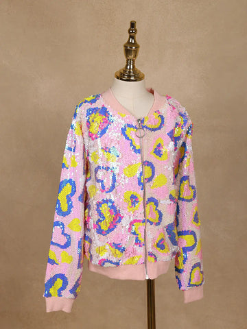 Light Pink Sequined Full-Sleeve Bomber Jacket - Diadem