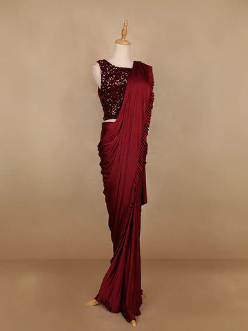 Red Embroidery Lyrca Ready To Wear Saree with Designer Blouse - Diadem