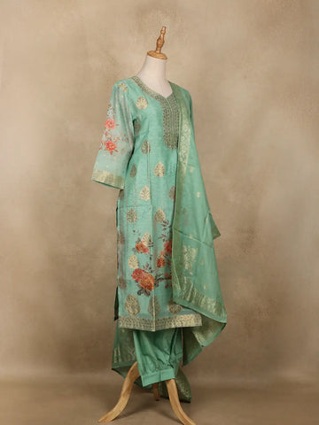 Pastel Green Floral Designed Semi Silk Salwar Suit - Diadem