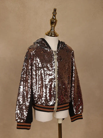 Black with Bronze Sequins Embellished Hoodie Jacket - Diadem