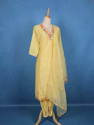 Yellow Floral Embroidered Silk Cotton Salwar Suit - Diadem