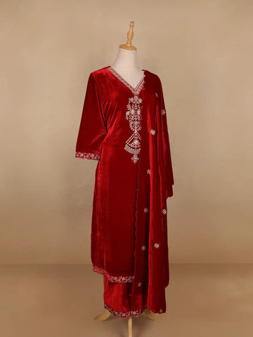 Red Floral Designed Velvet Co Ord Salwar Suit - Diadem