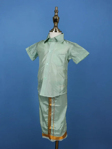 Mint Green Silk Dhoti With Matching Half Sleeve Shirt - Diadem