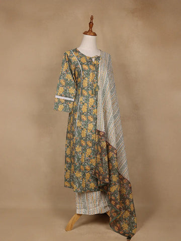 Green Floral Design Printed Cotton Salwar Suit - Diadem