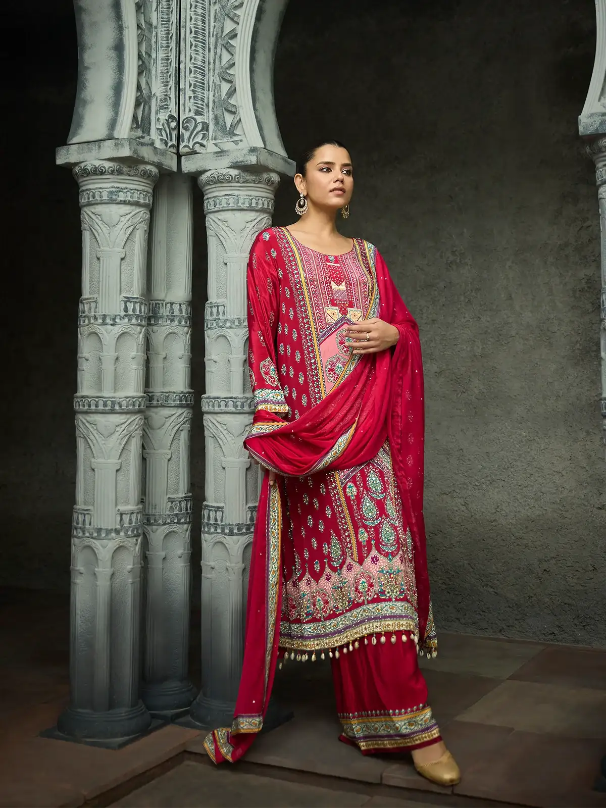 Dark Pink Floral Printed Synthetic Palazzo Salwar Suit - Diadem