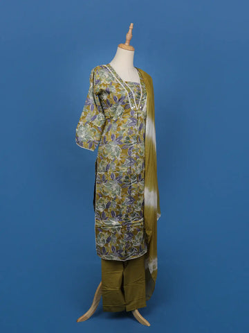Olive Green Floral Printed Cotton Salwar Suit - Diadem