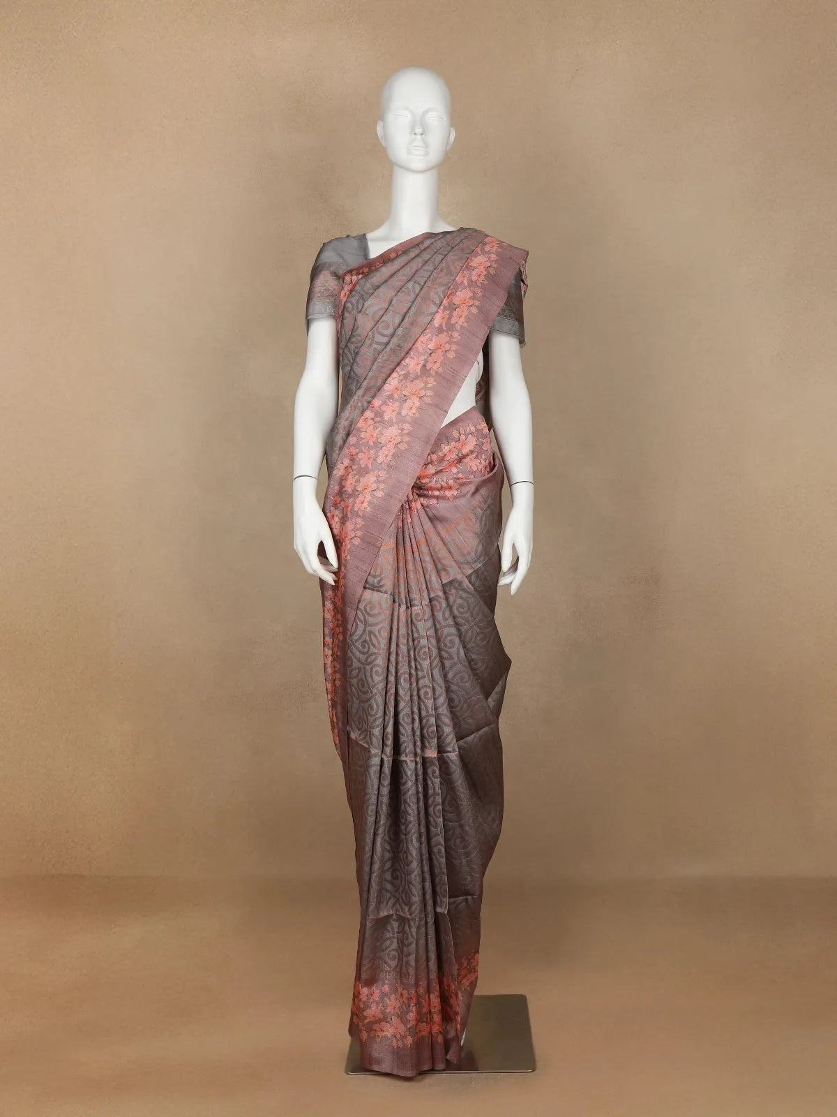 Dark Grey Abstract Designed Semi Tussar Silk Saree - Diadem