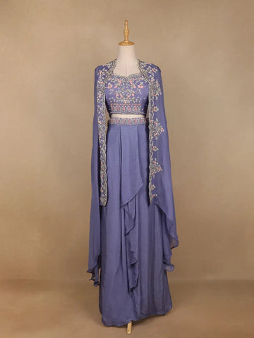 Blue Floral Embroidered Crepe Bridesmaids Lehenga - Diadem