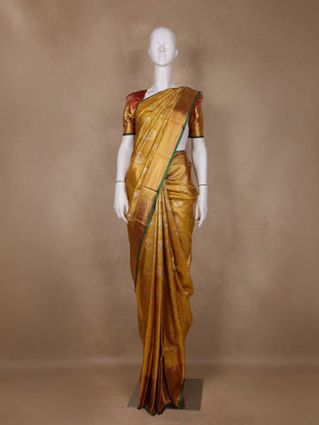 Mustard Yellow Floral Woven Motifs Pure Kanchipuram Tissue Silk Saree - Diadem