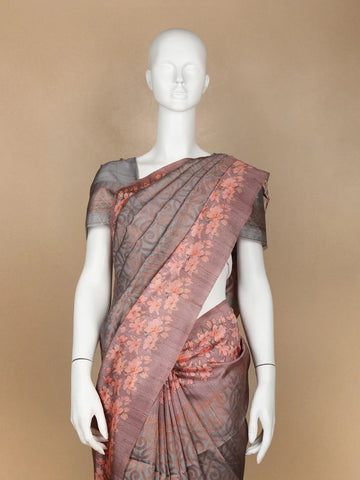 Dark Grey Abstract Designed Semi Tussar Silk Saree - Diadem