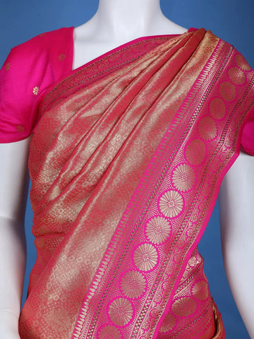 Pink Floral Designed Bridal Banarasi Silk Saree - Diadem