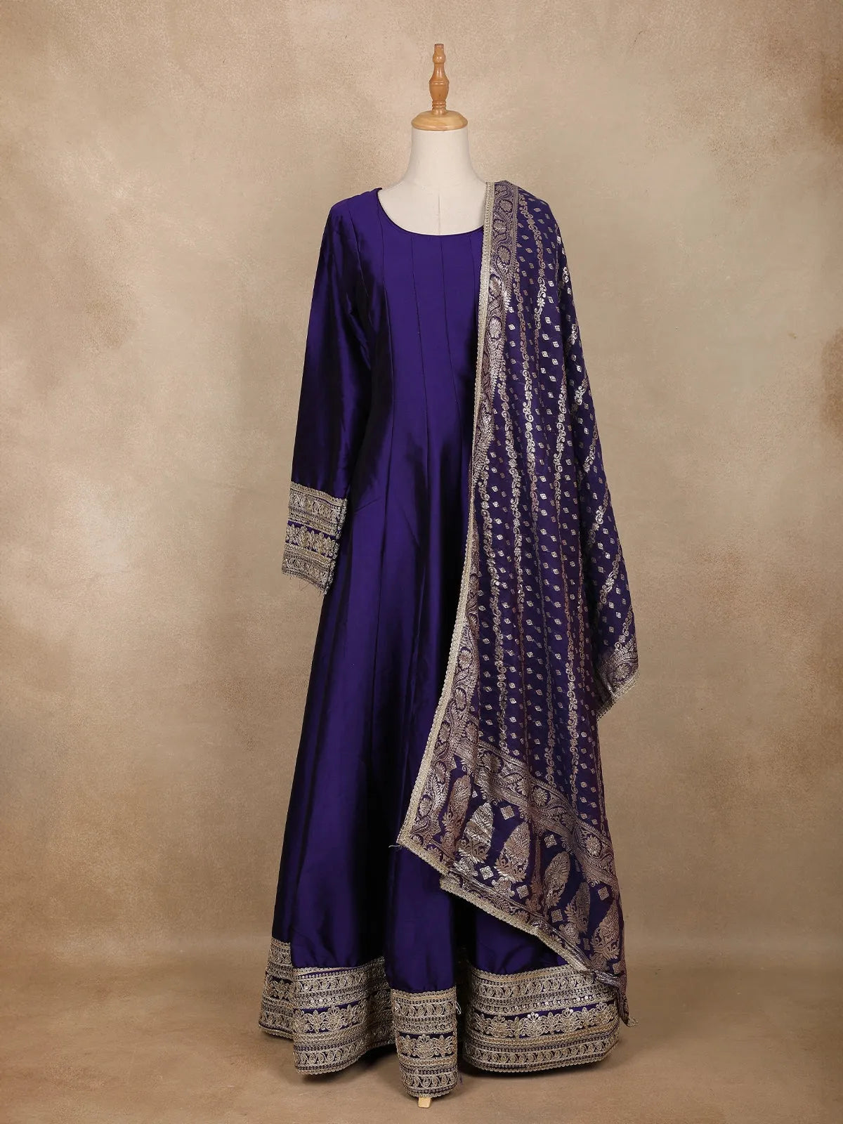 Purple Panel Semi Silk Anarkali Full Sleeve Gown - Diadem