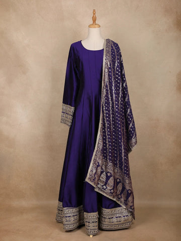 Purple Panel Semi Silk Anarkali Full Sleeve Gown - Diadem