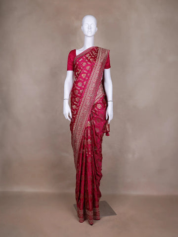 Pink Floral Designed Bridal Banarasi Silk Saree - Diadem