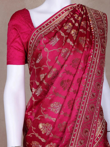 Pink Floral Designed Bridal Banarasi Silk Saree - Diadem