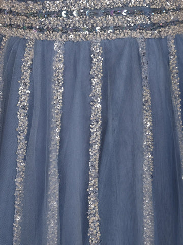 Dusty Blue Sequin Embroidered Net Party Gown with Corset Back - Diadem