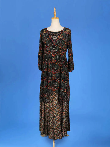 Black Palazzo Salwar Suit for Girls Adorned with Floral Prints With U-Neck and 3/4 Sleeve - Diadem