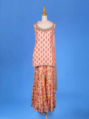 Peach Sharara Salwar Suit for Women Adorned with Floral Printed Designs, with Sleeveless top - Diadem