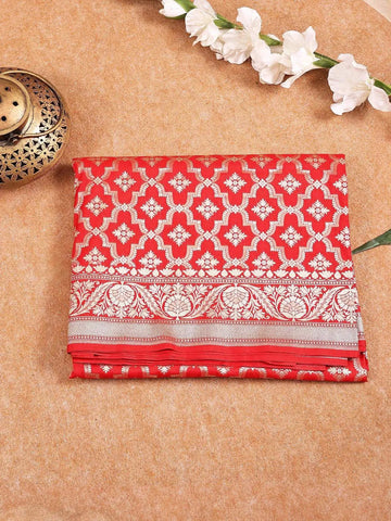 Red Semi Banarasi Saree with Paisley Motifs on the Body with Zari Border - Diadem