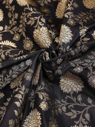 Black Banarasi Saree with Flower Motif on the Body with Zari Border - Diadem