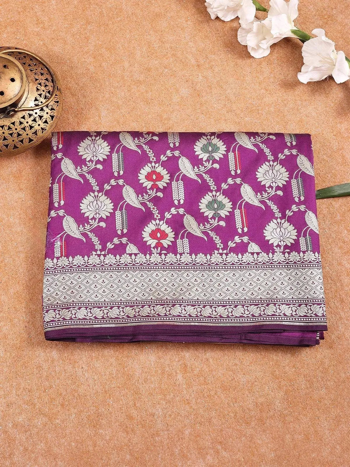Purple Banarasi Saree with Fancy Floral Design on the Body with Zari Border - Diadem
