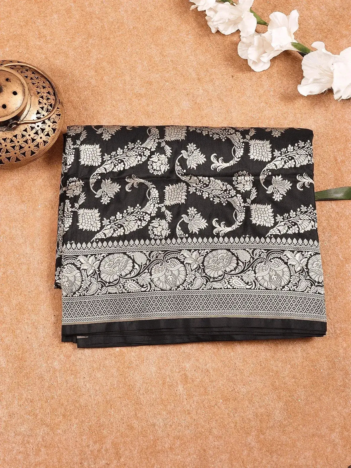 Black Banarasi Saree with Flower Motifs on the Body with Designed Zari Border - Diadem