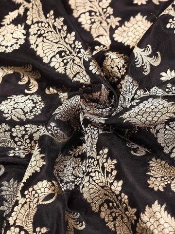 Black Banarasi Saree with Flower Motifs on the Body with Designed Zari Border - Diadem